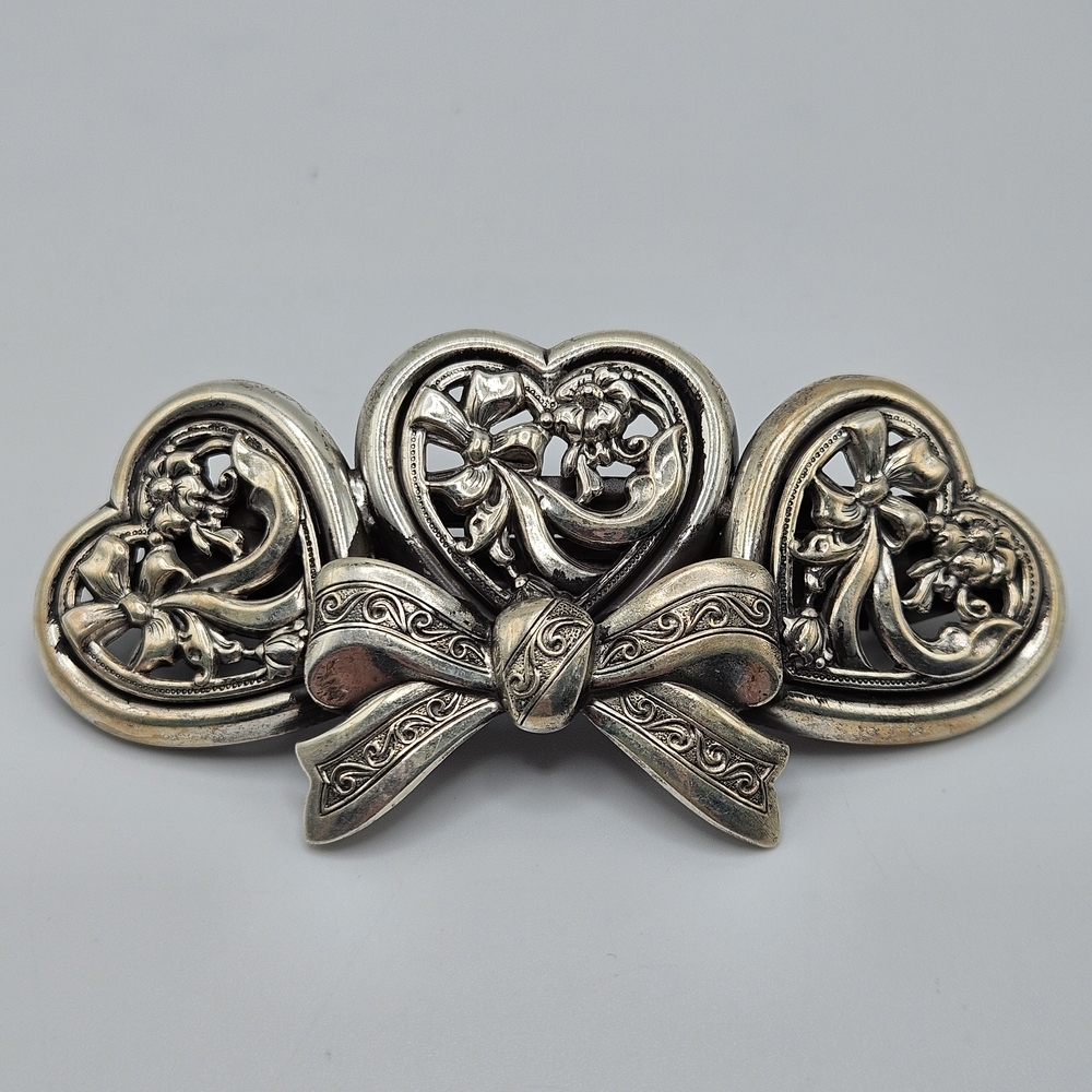 VINTAGE Art Deco Silver Plated Hearts French Hair Barrette Made in France